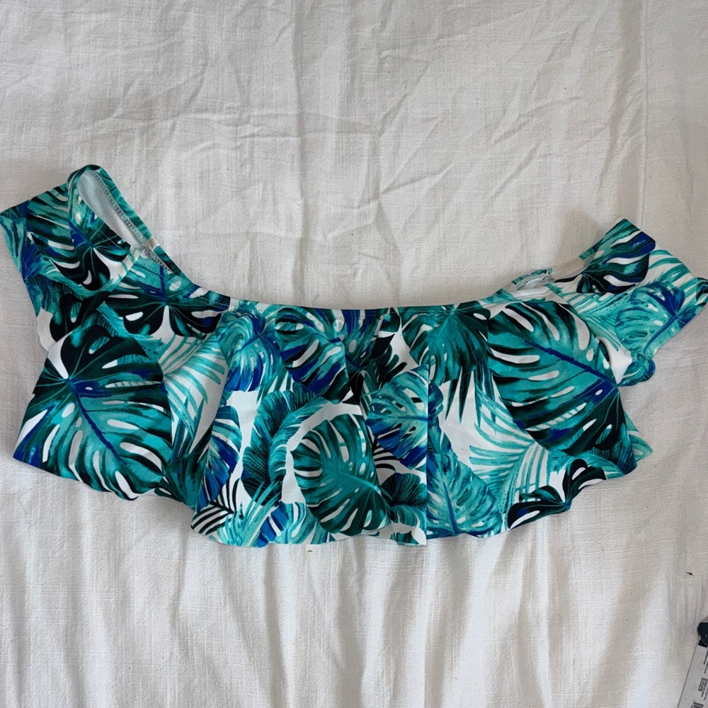 Tropical Leaf Print Off-Shoulder Swim Top